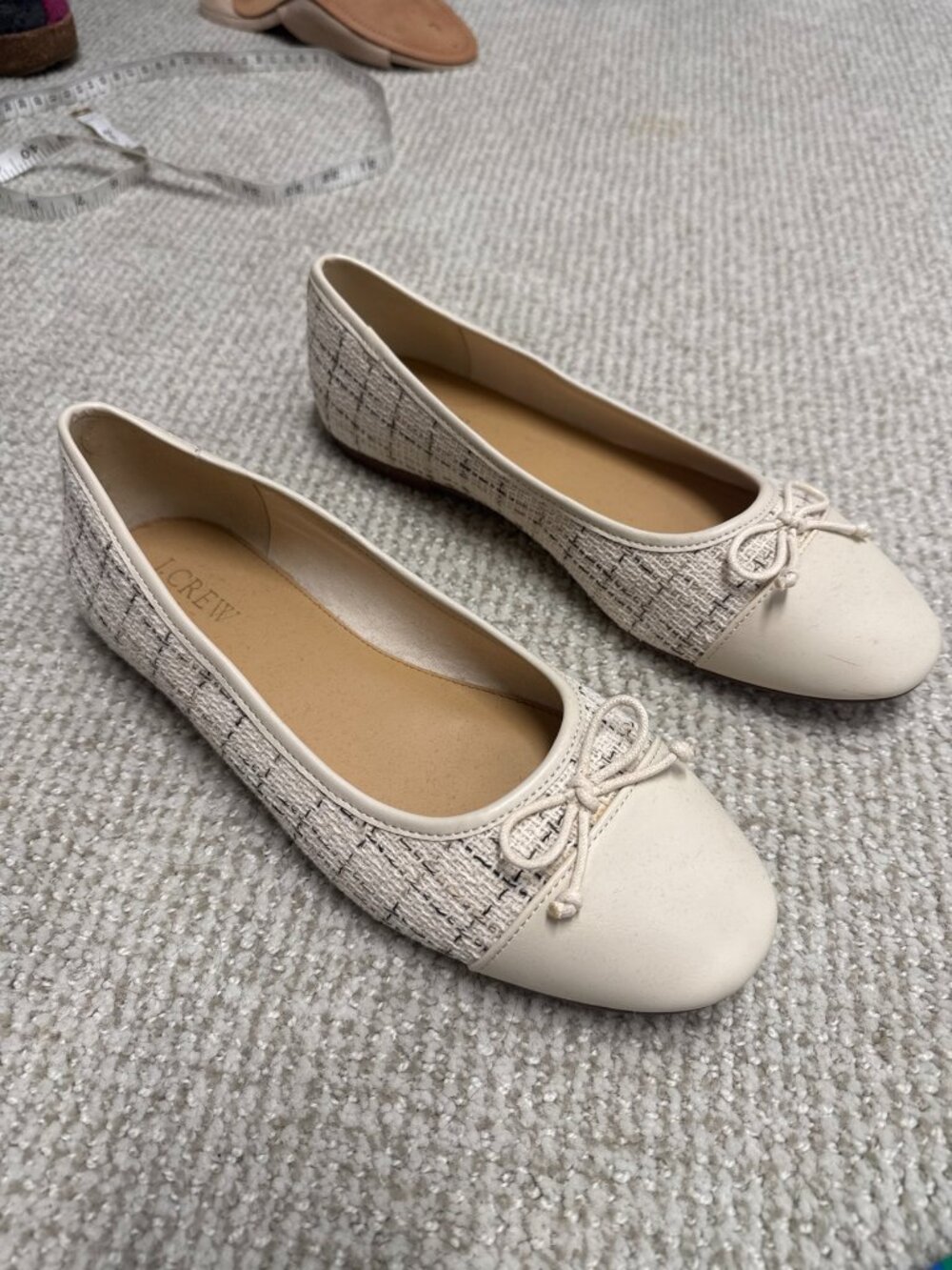 J.Crew Cream Tweed Ballet Flats — Cap Toe Bow, Size 8